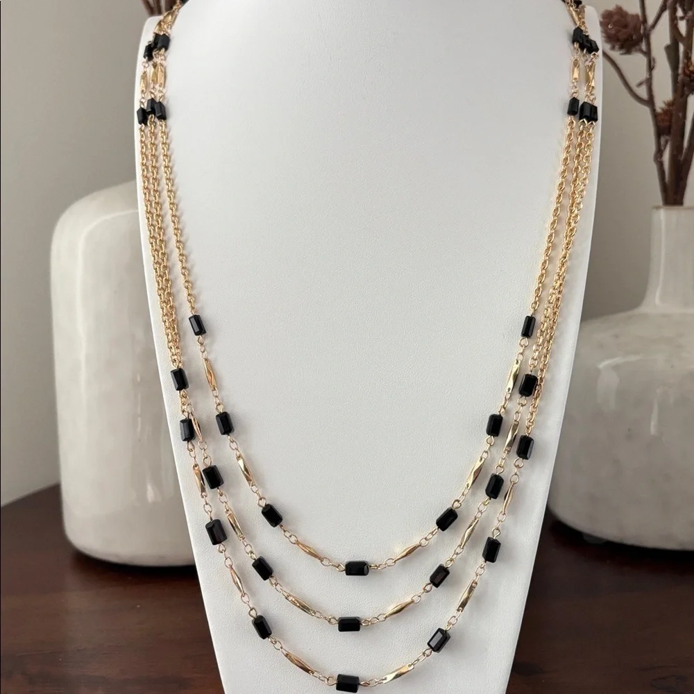 Carol D Studio Goldtone triple chain, black acrylic beveled rectangle stones